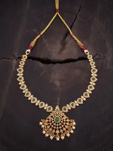 Kushal's Fashion Jewellery 92.5 Pure Silver Gold-Plated Stones Studded Antique Necklace