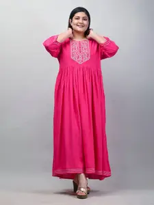 KALINI Plus Size Floral Embroidered Yoke Design Mirror Work Fit & Flare Maxi Ethnic Dress