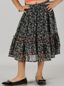 KiddoPanti Girls Floral Printed Frill Layered Flared Midi Skirt