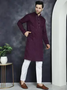 Anouk Ethnic Motifs Mandarin Collar Cotton Silk Straight Kurta