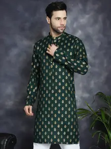Anouk Olive Green Ethnic Motifs Printed Band Collar Straight Kurta