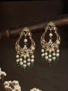 Saraf RS Jewellery Gold-Plated Cubic Zirconia Studded & Pearl Beaded Chandbalis