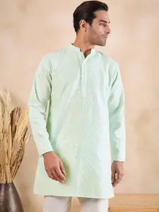 Anouk Sea Green Mandarin Collar Sequined Chikankari Straight Kurta