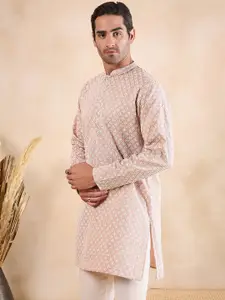 Anouk Pink Ethnic Motifs Embroidered Mandarin Collar Chikankari Kurta