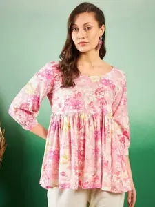 Sangria Floral-Printed Pleated Round Neck Short Kurti