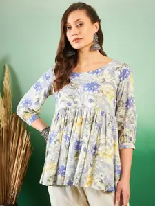 Sangria Floral Printed Pleated Round Neck Short Kurti