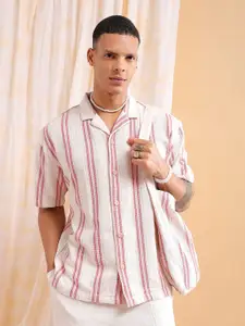 The Indian Garage Co Striped Cuban Collar Pure Cotton Oversized Casual Shirt