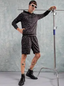 The Indian Garage Co Black Printed Hooded Sweatshirt With Shorts