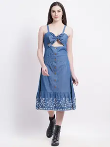 SUMAVI-FASHION Shoulder Straps Cut-Outs Pure Cotton Denim A-Line Midi Dress