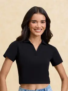 20Dresses Black ss24 Polo Collar Short Sleeves Crop Slim Fit T-shirt