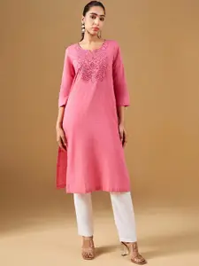 Global Desi Ethnic Motifs Notch Neck Yoke Design Thread Work Cotton Kurta