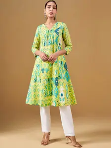 Global Desi Ethnic Motifs Printed V-Neck Cotton A-Line Kurta