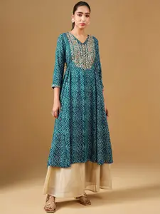 Global Desi Geometric Printed V-Neck Thread Work A-Line Kurta