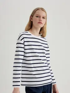 DeFacto Striped Drop-Shoulder Sleeves Pure Cotton Casual T-shirt