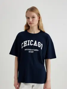 DeFacto Typography Printed Drop-Shoulder Pure Cotton T-shirt