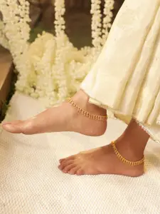 Rubans Set of 2 22K Gold-Plated Traditional Anklets with Gold Beads