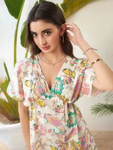 SASSAFRAS Ethnic Motif Printed Extended Sleeves Pure Cotton Empire Mini Dress