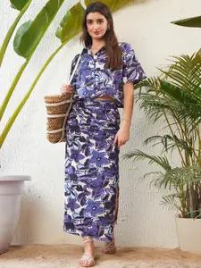 SASSAFRAS Purple Floral Printed Pure Cotton Crop Shirt With Side Ruched Maxi Skirt