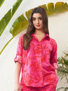 SASSAFRAS Magenta Floral Printed Roll-Up Sleeves Pure Cotton Casual Shirt