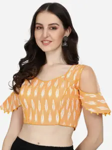 Mitera Yellow Geometric Printed Cotton Ikat Saree Blouse