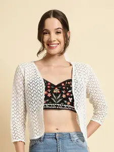 UnaOne Self Design Cotton Lace Open Front Shrug