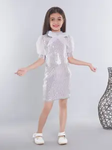 Ministitch Girls Striped Embellished Puff Sleeve Net Georgette Sheath Dress