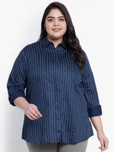 Indietoga Women Plus Size Vertical Striped Classic Slim Fit Cotton Formal Shirt