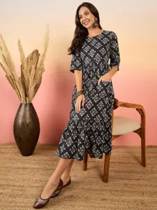 Sangria Ethnic Motif Kantha Boota Printed Flounce Cotton A-Line Ethnic Dresses