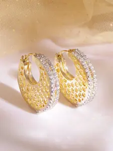 Rubans 22K Gold Plated Crystal Round Zirconia Hexagonal Chic Demi-Fine Hoop Earrings