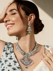 Rubans Radiance Oxidized Silver-Toned Ruby & Emerald Accent Temple Necklace Set