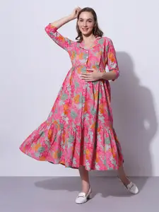 Aanyor Floral Printed Tiered Detail Pure Cotton Maternity Fit and Flare Midi Dress