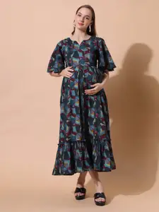 Aanyor Floral Printed Flared Sleeves Pure Cotton Maternity Fit and Flare Midi Dress