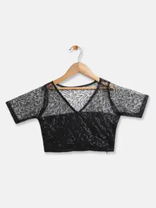 studio rasa Girls Self Design V-Neck Sheer Sequined Net Crop Top