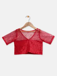 studio rasa Embroidered V-Neck Sheer Net Crop Top