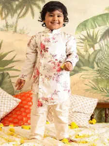 VASTRAMAY Boys Floral Printed Mandarin Collar Angrakha Kurta with Pyjama