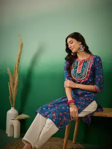 Sangria Floral Printed Gotta Patti Straight Cotton Kurta