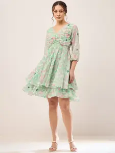 Antheaa Green Floral Printed Puff Sleeves Gathered Smocked Fit & Flare Dress