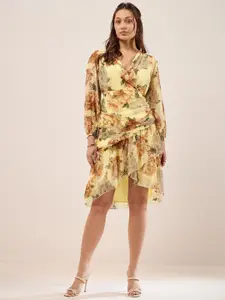 Antheaa Yellow Floral Printed Puff Sleeves Gathered Ruched Chiffon Wrap Dress
