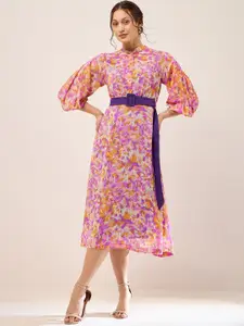 Antheaa Purple Floral Print Mandarin Collar Puff Sleeve Chiffon Fit & Flare Midi Dress