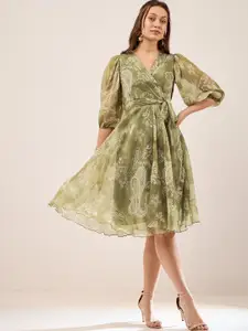 Antheaa Olive Green Floral Printed V-Neck Puff Sleeve Chiffon Wrap Dress