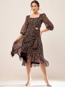 Antheaa Black Floral Print Square Neck Puff Sleeves Chiffon Fit & Flare Midi Dress