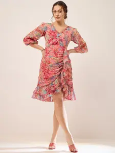 Antheaa Floral Print Puff Sleeve Layered Chiffon Fit & Flare Dress