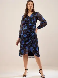 Antheaa Black & Blue Floral Printed Cuffed Sleeves Gathered Wrap Dress