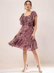 Antheaa Floral Printed Flutter Sleeves Gathered Smocked Fit & Flare Dress