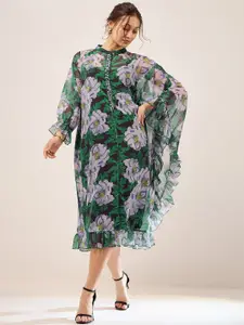 Antheaa Green Floral Print Flared Sleeve Chiffon A-Line Midi Dress