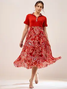 Antheaa Red Ethnic Motifs Printed Shirt Collar Roll-Up Sleeves Pleated A-Line Midi Dress