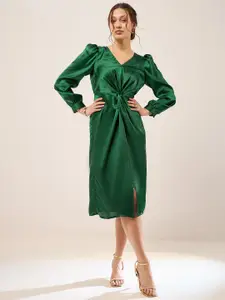 Antheaa Green V-Neck Cuffed Sleeves Satin A-Line Midi Dress