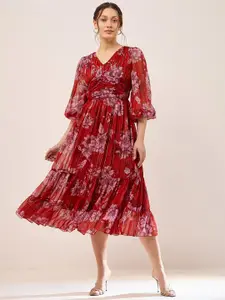 Antheaa Floral Print Bell Sleeve Chiffon Fit & Flare Midi Dress