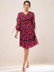 Antheaa Purple Floral Printed V-Neck Puff Sleeves Gathered Chiffon Fit & Flare Dress