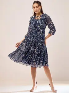 Antheaa Blue Floral Print Tie-Up Neck Cuffed Sleeves Chiffon Fit & Flare Dress